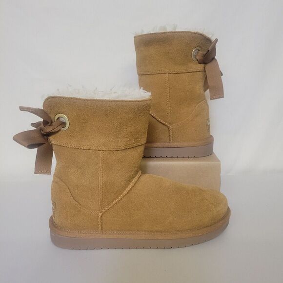 Koolaburra By Ugg Size 1 Bow Brown Suede Fur Kids Pull On Boots - Picture 2 of 7